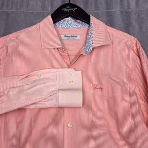 Tommy Bahama Button Down Shirt Mens Large Orange Striped Good Pima Cotton
